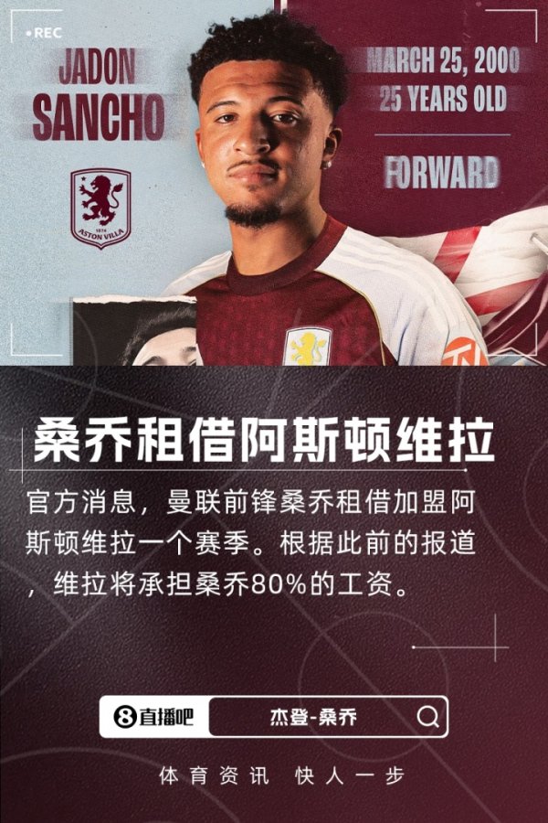 The third time to rent out! Official: Manchester United striker Sancho is loaned to Villa. It is reported that Villa bears 80% of his salary